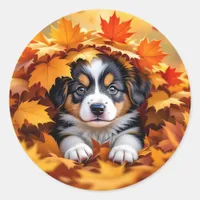 Cute Puppy Dog in Fall Leaves Classic Round Sticker
