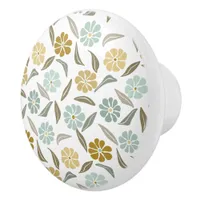 Sage green tan retro floral pattern ceramic knob