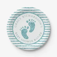 Teal Glitter Baby Feet Paper Plates | Personalized