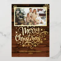 Rustic Wood Snowflake Merry Christmas Photo Foil Holiday Card