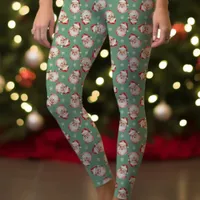 Vintage Retro Santa Claus Green Christmas Pattern Leggings