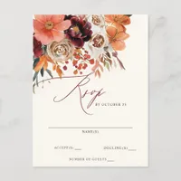 Burgundy Orange Floral Fall Wedding RSVP Postcard