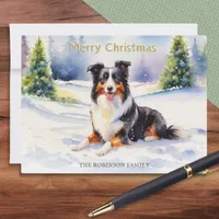 Tricolor Border Collie Dog In Snow Merry Christmas Holiday Card