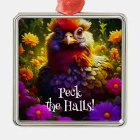 Peck the Halls Chicken Pun  | Christmas Hen Metal Ornament