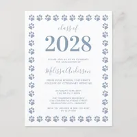 Dusty Blue Glitter Paw Prints Graduation  Invitation Postcard