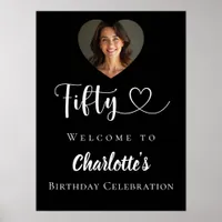 Black 50th birthday party photo heart welcome poster