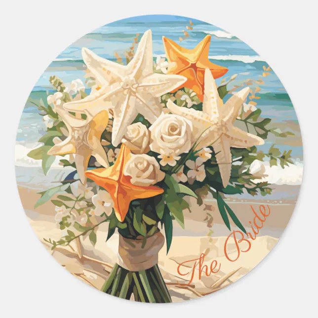 Beach Wedding Starfish Bouquet Round Stickers