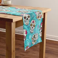 Sugar Skulls and Swirls Rose Turquoise ID725 Short Table Runner