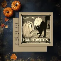 Vintage Halloween Pumpkin Cat in Mosaic Sepia Invitation