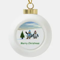 Cute Cartoon Penguin Pair with Tree Ceramic Ball Christmas Ornament