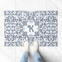 Blue Fancy Floral Pattern Personalized Doormat