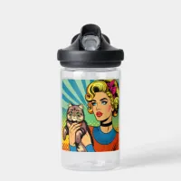 Cartoon Comic Pop Art Women Holding Cat Water Bottle