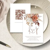 Rust Floral Brown Script QR Code Wedding RSVP card