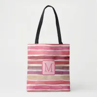 Wide Watercolor Stripes Pinks Color Block Monogram Tote Bag