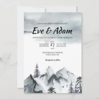 Snowy Mountain Peak Fog Watercolor Winter Wedding Invitation