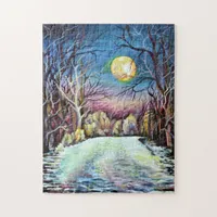 Silent Night Winter Full Moon in Sweden Jigsaw Puzzle