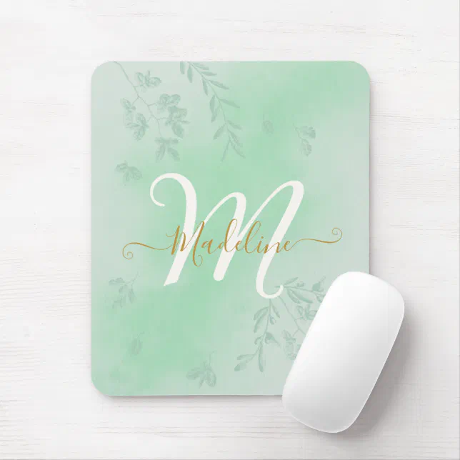 Watercolor Botanical Leaves Foliage Green Monogram Mouse Pad