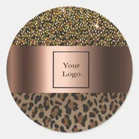 Leopard brown black confetti glam logo classic round sticker