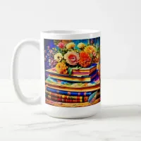 Personalized Pile of Vintage Books and Flowers Coffee Mug