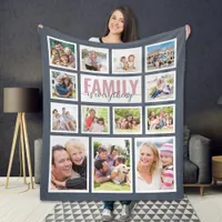 Family is Everything Blue Pink Photo Collage Fleece Blanket