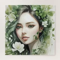 Green Floral Portrait of a woman  Jigsaw Puzzle
