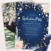 Navy Gold Confetti Floral Graduation Party Invitation