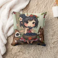 Chibi Fairy and Forest Animals  Throw Pillow