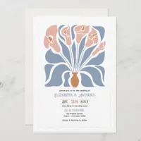 Caramel & Dusty Blue Abstract Floral Boho Wedding Invitation
