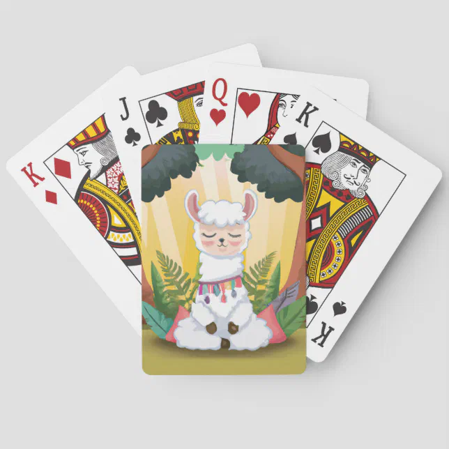 Cute Llama Meditating in Magical Forest Poker Cards