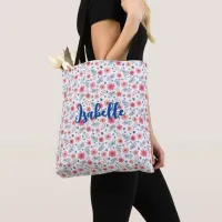 Watermelon Pink and Blue Watercolor Floral Pattern Tote Bag