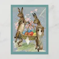 Vintage Easter Rabbits Carry Eggs in Basket, ZSSG Holiday Postcard