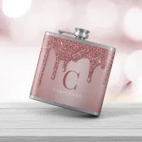 Chic Rose Gold Sparkle Glitter Drips Monogram Flask