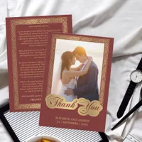 Vintage Script Gold and Red Wedding Photo  Thank You Card