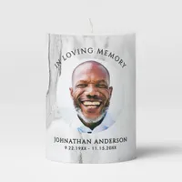 Modern White Marble In Loving Memory Photo Tribute Pillar Candle