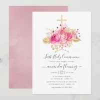 Pink and Gold Tropical Floral First Communion Invitation