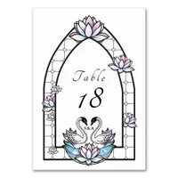 Stained Glass Whimsical Swans Water Lilies Wedding Table Number