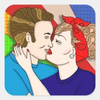 Retro 1950's Style Pop Art Couple Kissing  Square Sticker