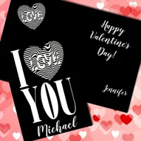 I love you black and white striped heart on black holiday card