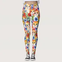 Whimsical Folk Art Watercolor Flowers and Cats Leggings