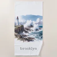 Modern Coastal Beach Lighthouse  Beach Towel