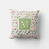 Colorful Boho Spring Garden Flowers Monogram Throw Pillow