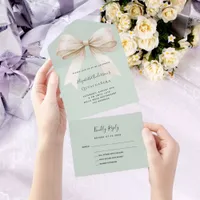 Sage green beige cream bow Quinceanera rsvp All In One Invitation