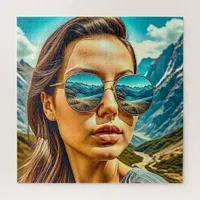 Beautiful Woman in Sunglasses Mountain Reflectoin Jigsaw Puzzle