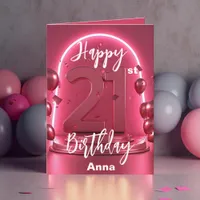 Stylish Neon Pink Glowing Balloons 21st Birthday Card