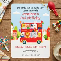 Cute Animal Double Decker Party Bus Birthday Invitation