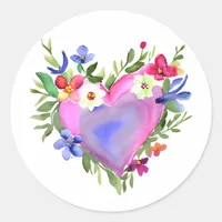 Floral Heart Wreath | Pastel Watercolor Classic Round Sticker