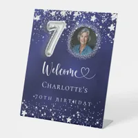 70th Birthday blue silver stars photo welcome Pedestal Sign