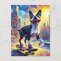 Skateboarding Colorful Surreal Boston Terrier Postcard