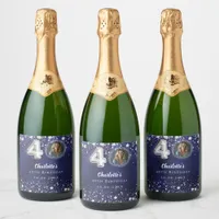 40th birthday navy blue silver stars photo sparkling wine label