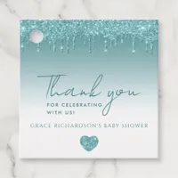 Turquoise Glitter Drips Baby Shower Thank You Tag 